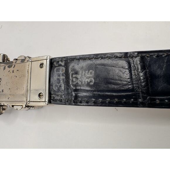 Reversible Brighton Style Leather Belt XL Brown Navy Croc Embossed Scroll Buckle